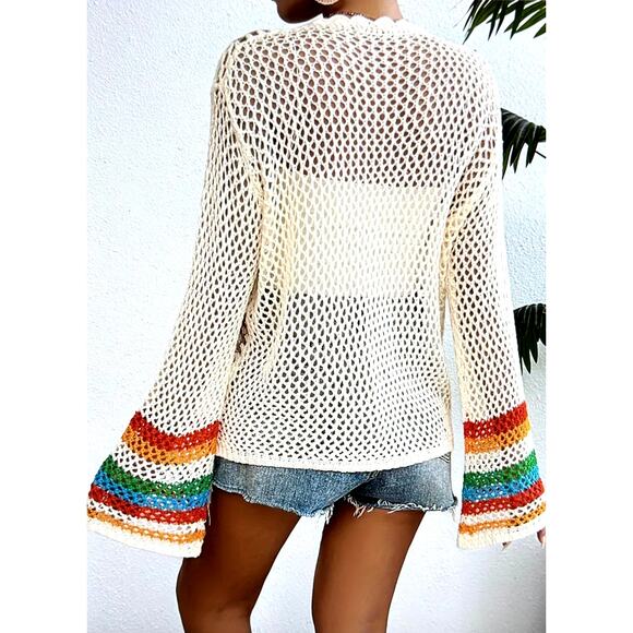 Retro Crochet Open Front Long Sleeve Boho Cardigan Beige size S (4) - Picture 4 of 6